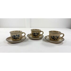 3 Vintage Pfaltzgraff Folk Art Stoneware Cups and Saucers Set Tan Blue Floral